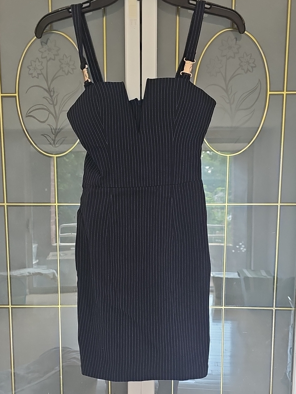 Rare London Navy Pinstripe Mini Sheath Dress with Adjustable Straps